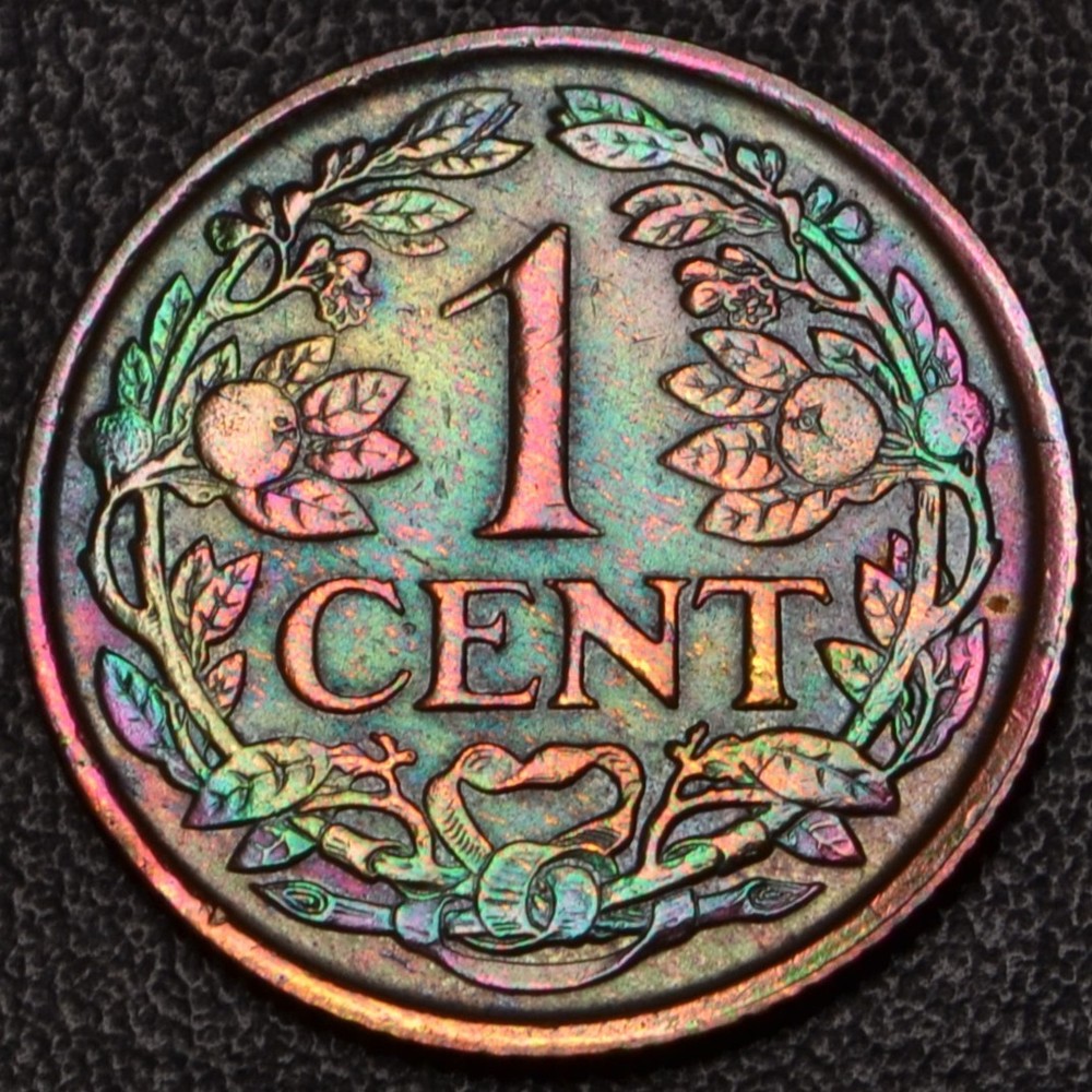 1921 Netherlands 1 Cent rainbow toning **SHARP DETAILS** (60-78)