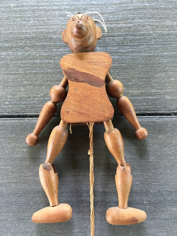 Vintage Hand Carved From India Wood Boy Monkey Bear String Pull Puppet Toy