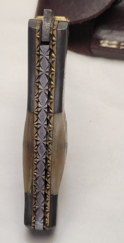 CFK Damascus Pocket Knife Ram Horn Handle