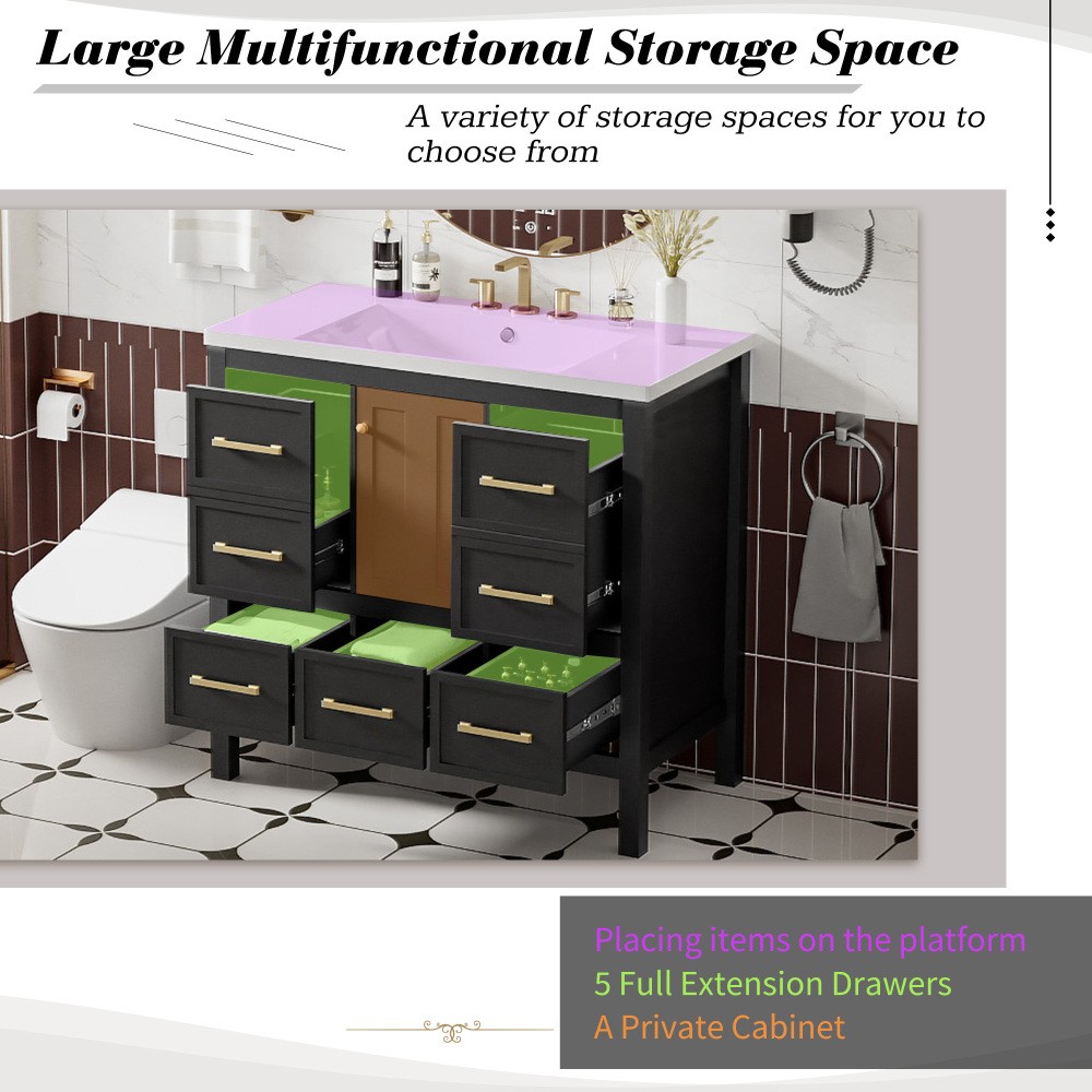 Solid Wood Frame Bathroom Storage Cabinet W 5 Drawers Soft Closing Doors