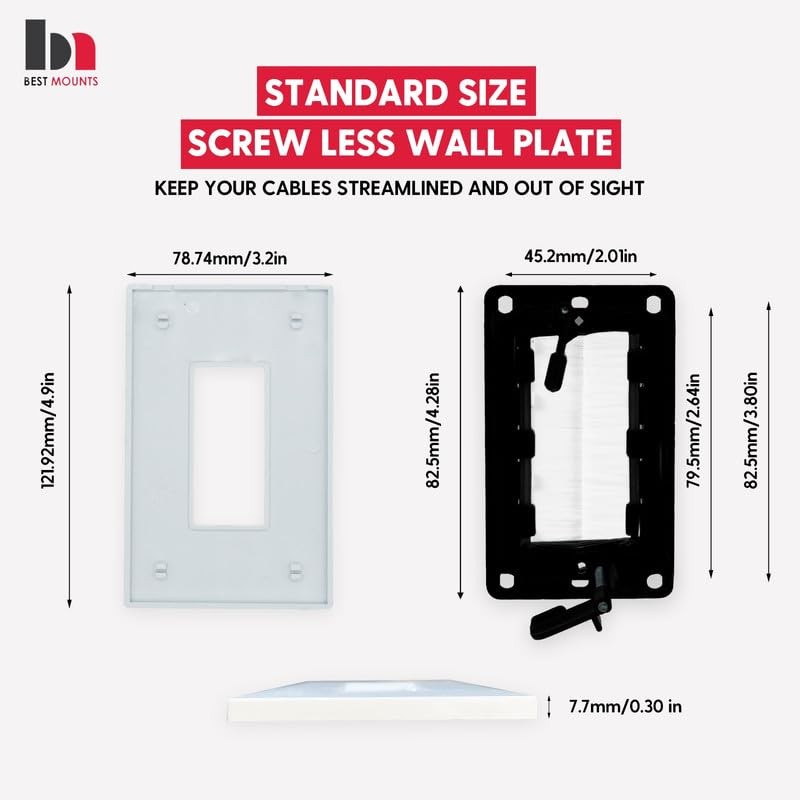 Set of 2 Brush Wall Plate Cable Pass 2 Pack, Mounting Bracket, White