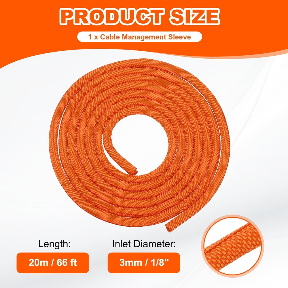 Wire Split Braided Cable Management Sleeve, Orange (1/8" - 66 Feet)