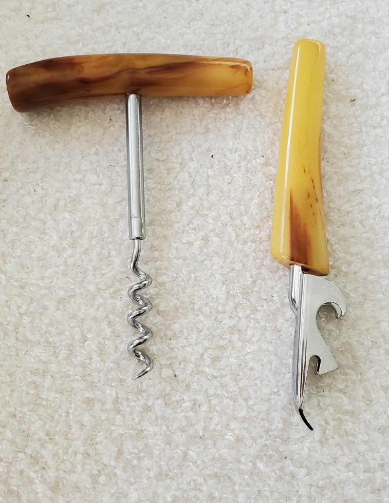 Vintage MCM Bakelite Butterscotch Marbled Corkscrew & Bottle Opener Barware Set
