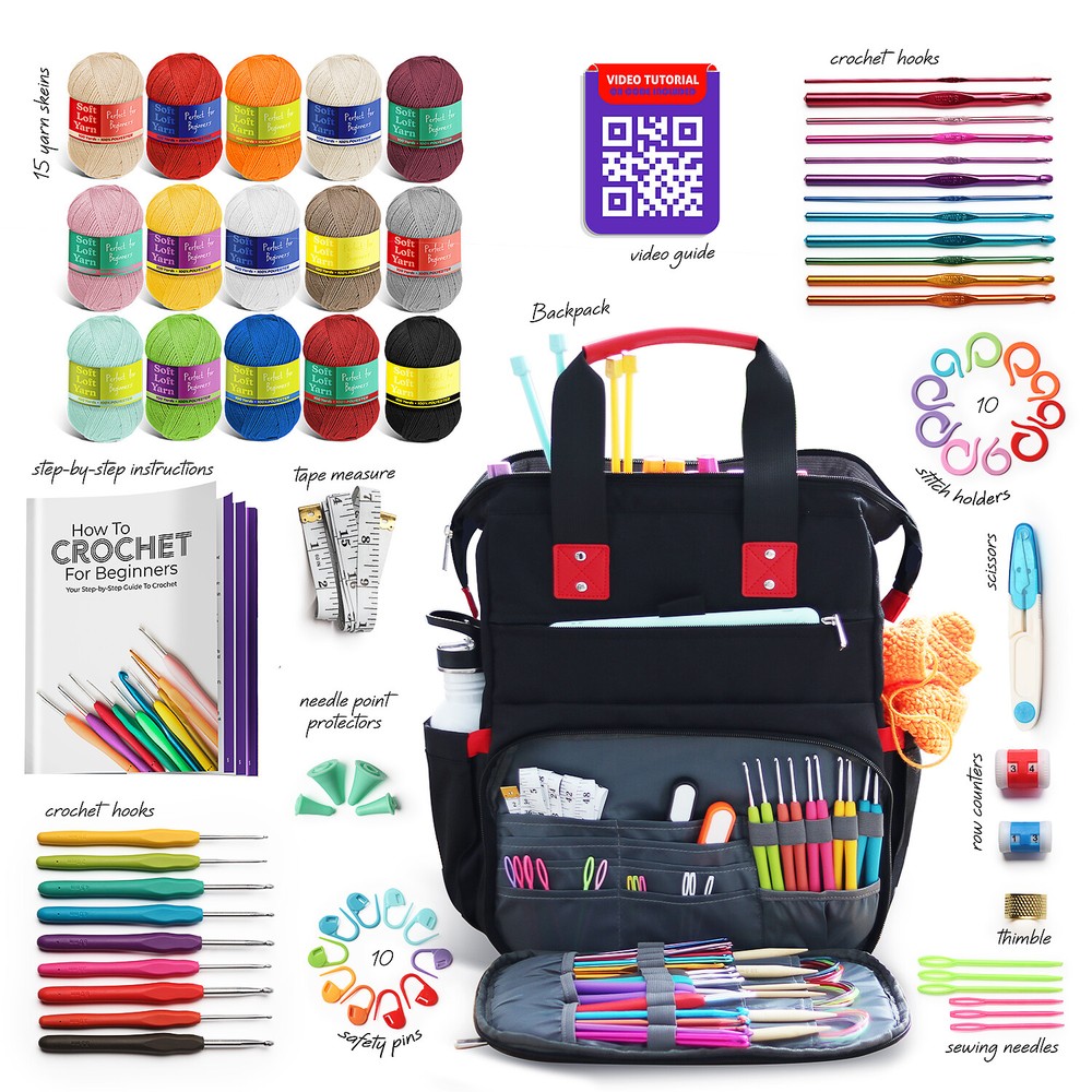 Beginner Crochet Kit with Backpack, Crochet Starter Kit with Yarns, tools & More
