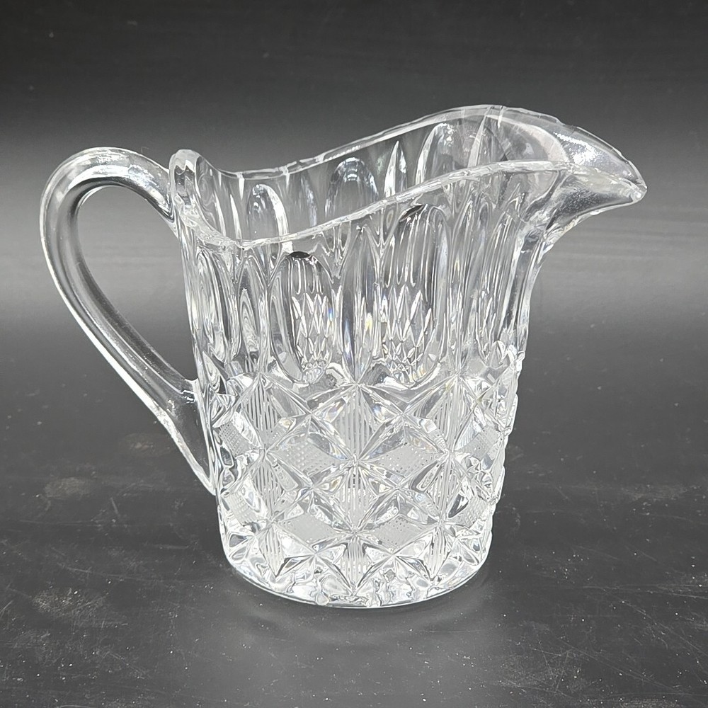 Vintage Creamer Pitcher Pressed Glass Crystal Diamond Pattern Handle 3.75" Tall