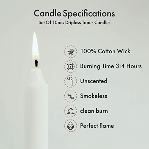 Pack of 10 Unscented Taper White Candlesticks
