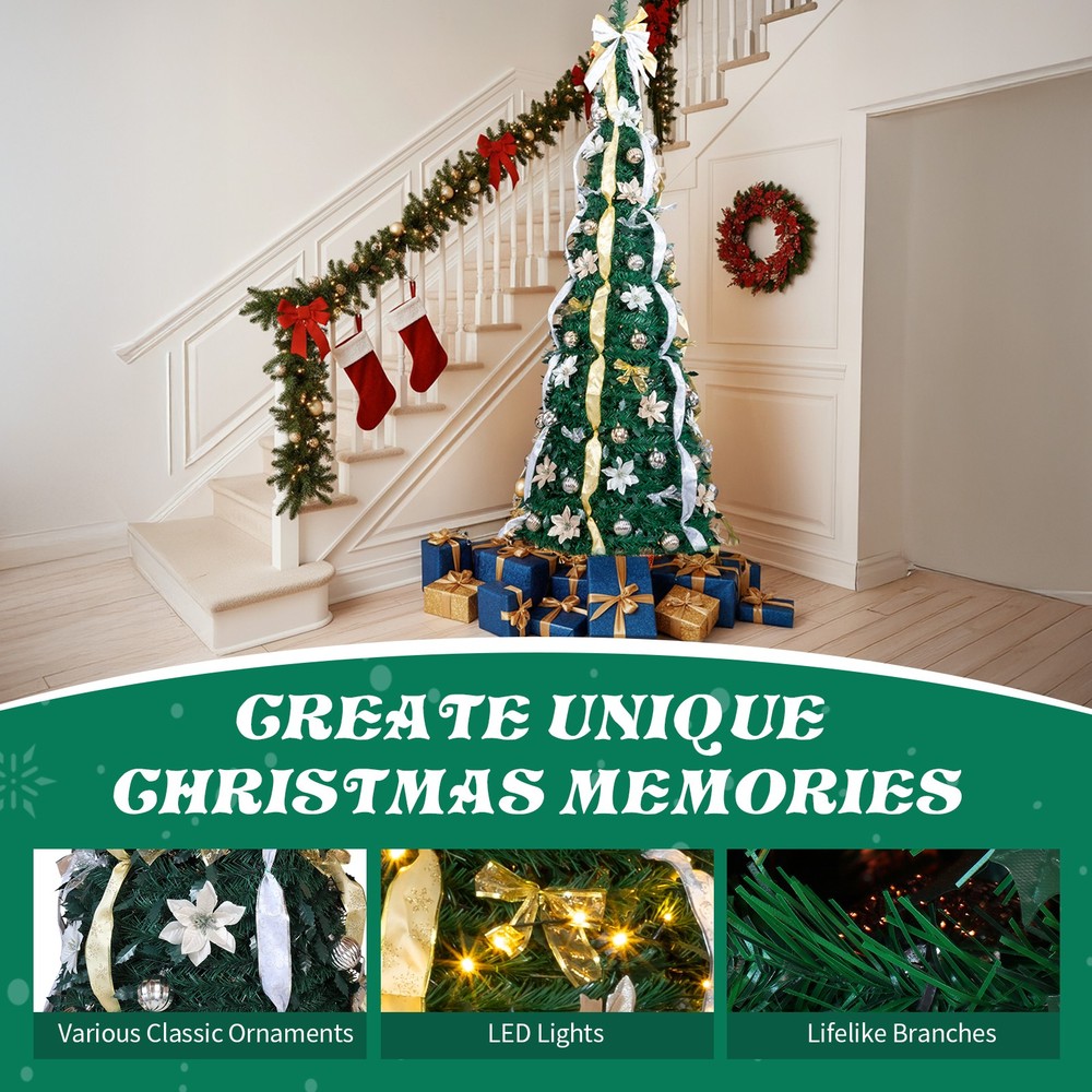 7FT Fully Decorated Pre-lit Christmas Tree, Pop Up Artificial Xmas Tree w/ Light