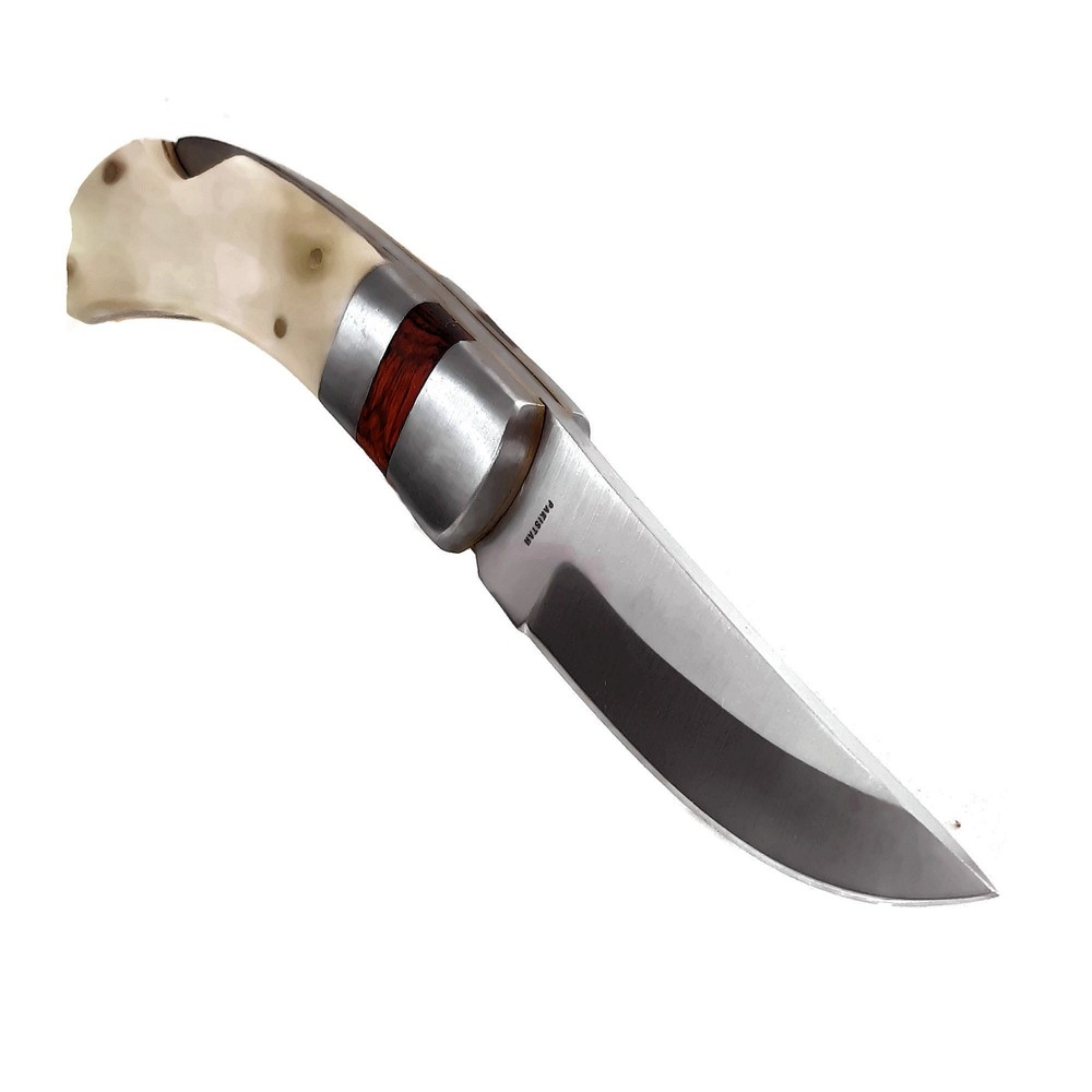 Real Bone Handle Lockback EDC Folding Pocket Knife w/Leather Sheath