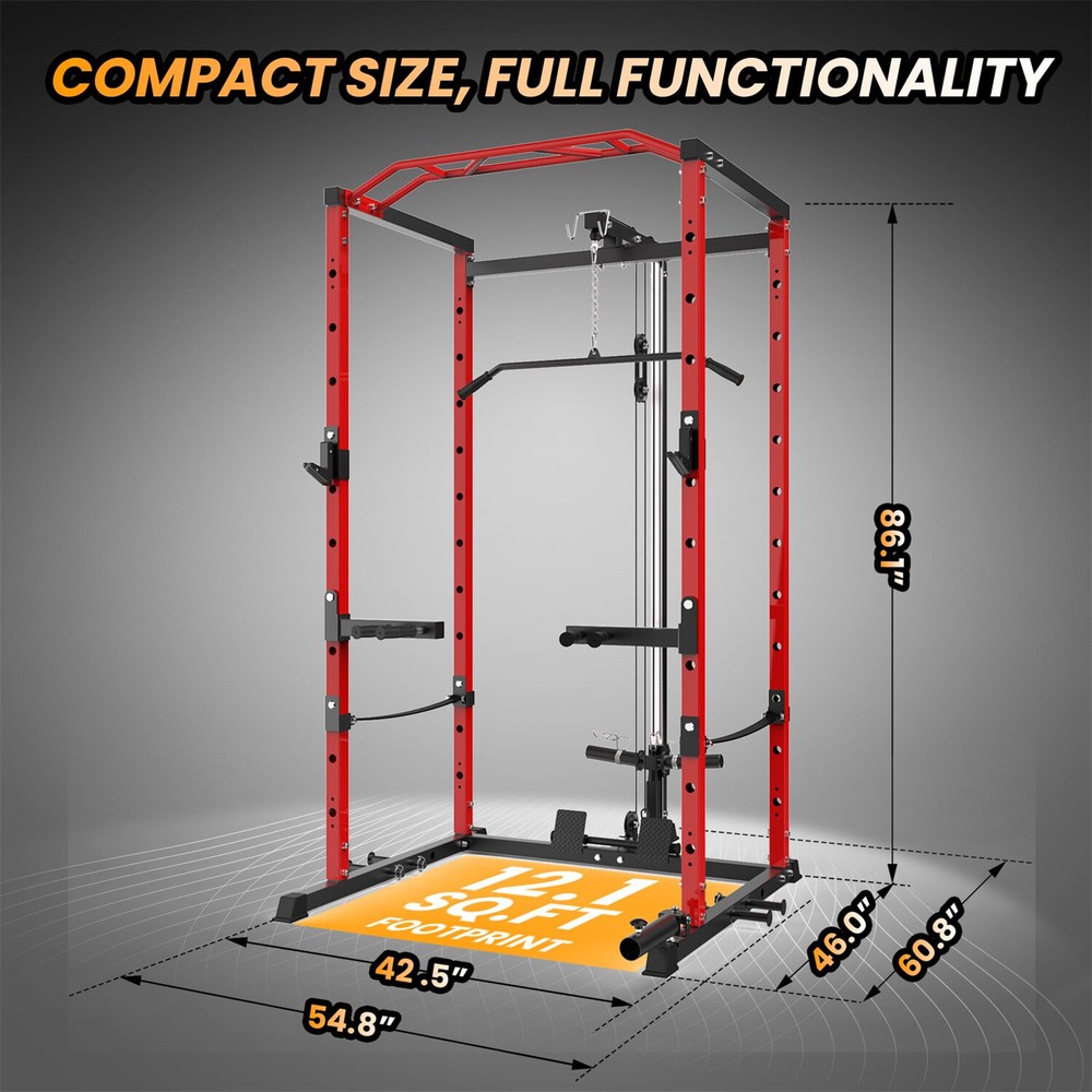 1600LBS Power Cage with LAT Pulldown Multi-Functional Power Rack with J-Hook