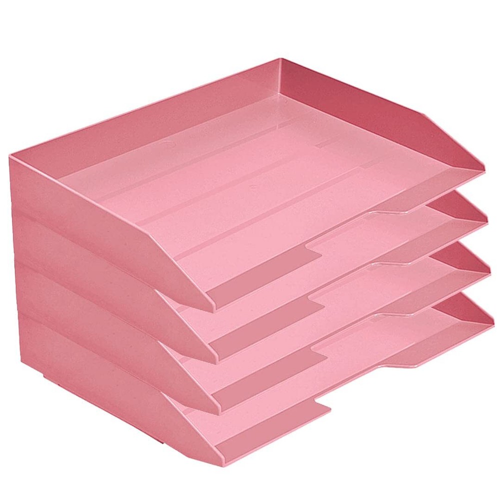 Stackable Letter Tray 4-Tier Side Load Plastic File Organizer Pink