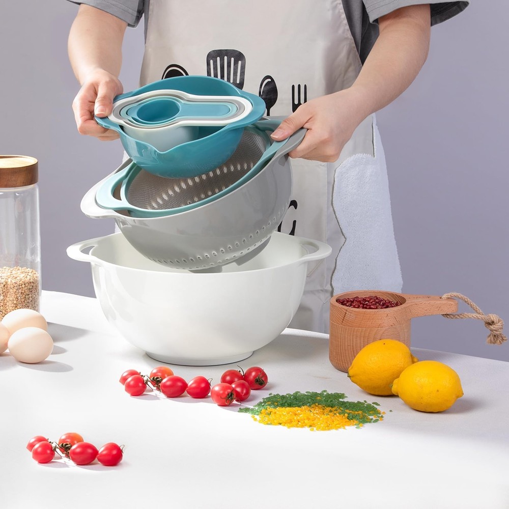 Mixing Bowls for Kitchen, 13 Piece Plastic Nesting Bowls Set Includes 2 Mixin...