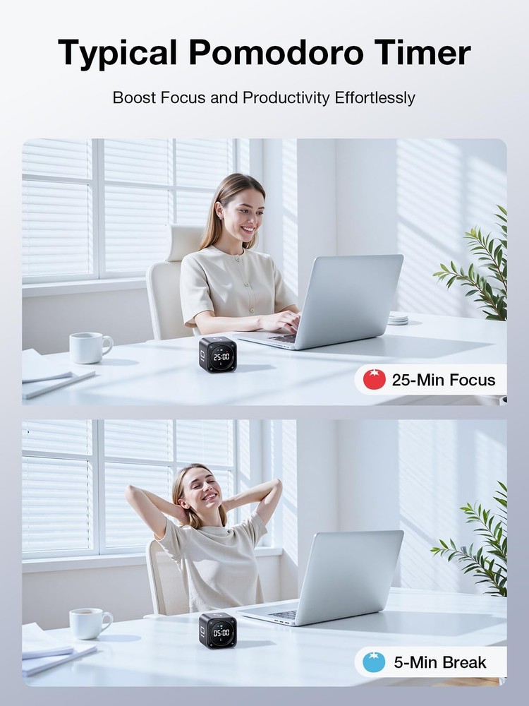 TK3 Pomodoro Timer Cube, Desk Productivity Timer with 5/10/30/60 Min Presets,...