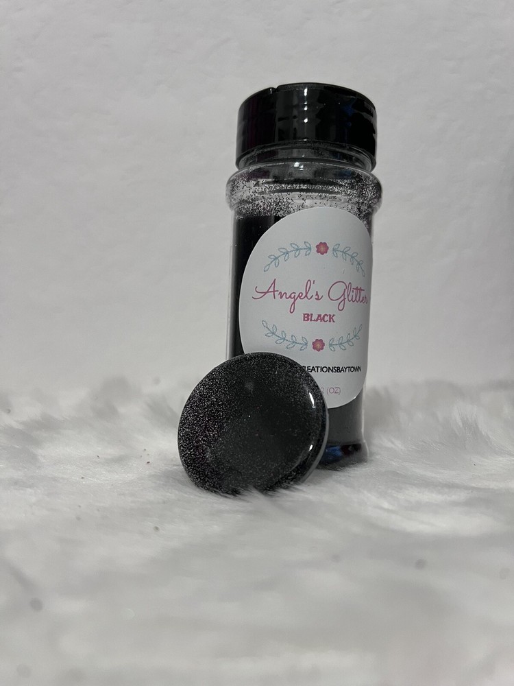 Black 1/128 Polyester glitter 2 oz in a shaker bottle