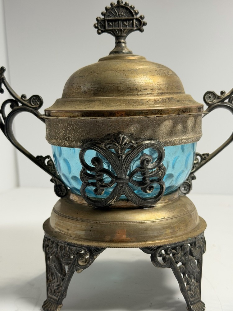 Vintage Silver Plated Blue Sugar Bowl Caster