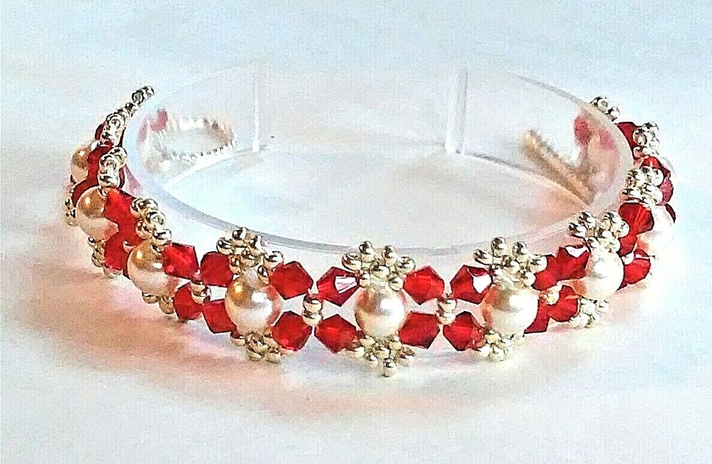 Handmade Red White Pearl Beaded Bracelet