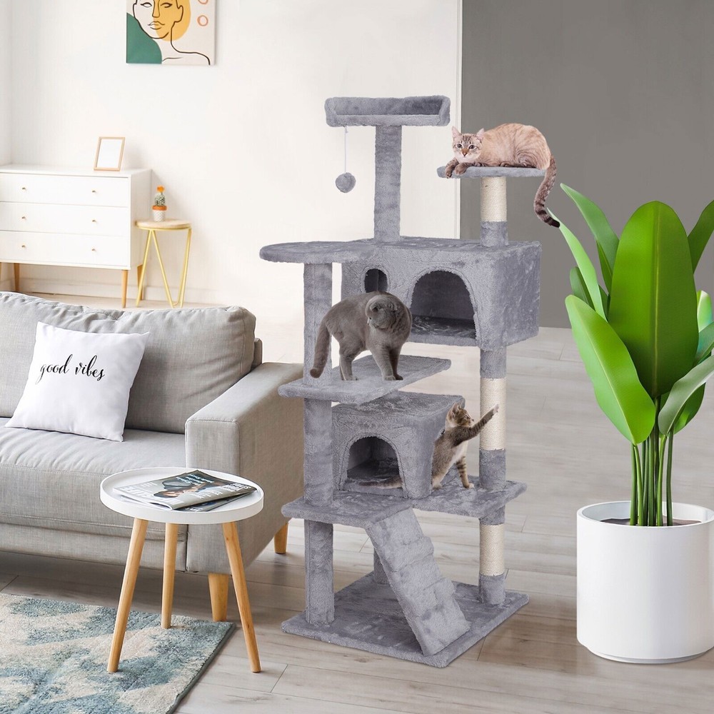 55'' Multi-Level Cat Tree Tower Kitten Condo House W/Scratching Posts Light Grey
