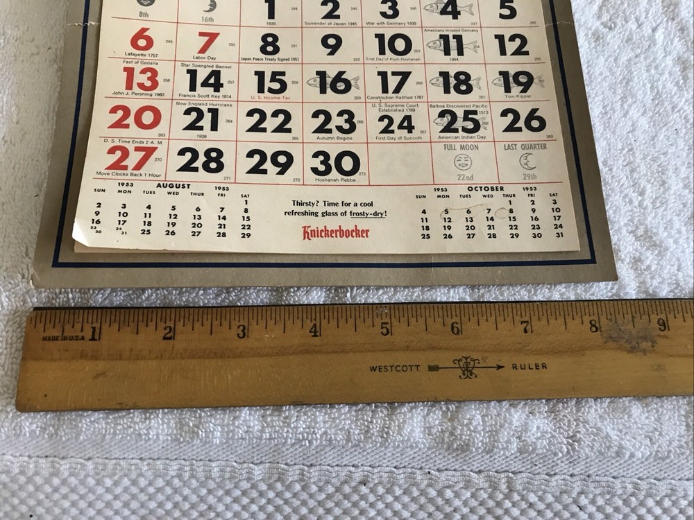 1953 KNICKERBOCKER BEER VINTAGE PARTIAL CALENDAR