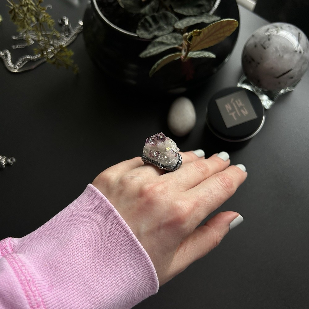 Handcrafted Statement Ring Rough Clear Purple Asymmetrical