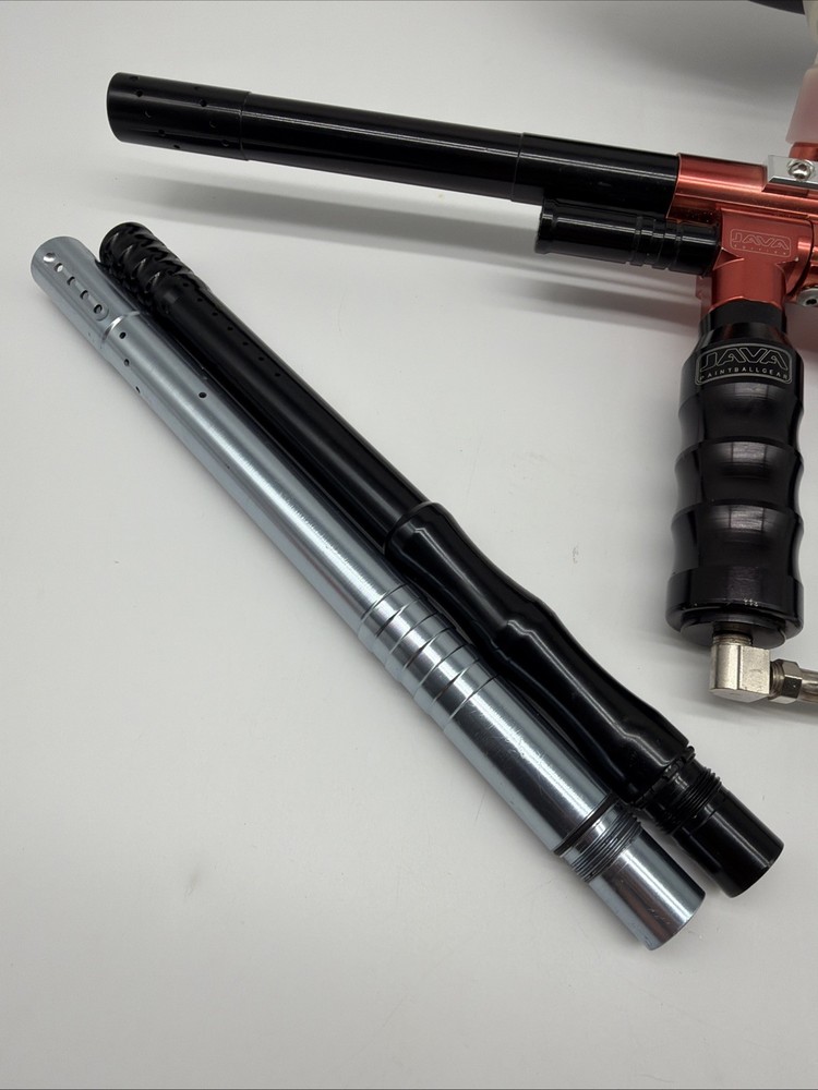 Red Java Spyder Compact Deluxe Paintball Gun & Barrel + Gas Thru Vertical Grip