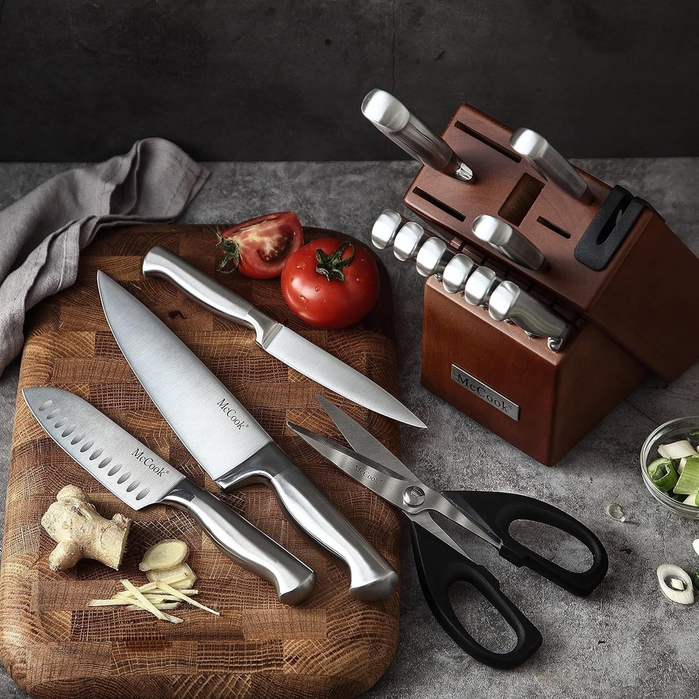 15pc German Steel Kitchen Knife Block Set Self-Sharpening Silvercherry