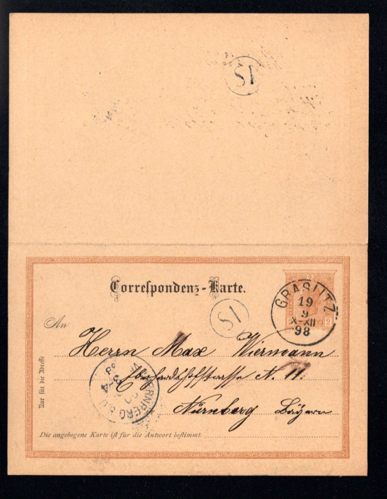 Austria 1898 - Double GA "Graslitz" for Nuremberg (SÖ-2)