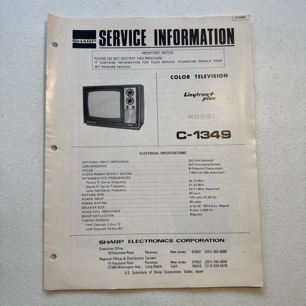 Sharp Color Television Linytrant Plus Model C-1349 Service Information