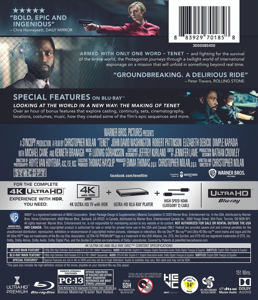 Tenet 4K UHD Blu-ray John David Washington NEW