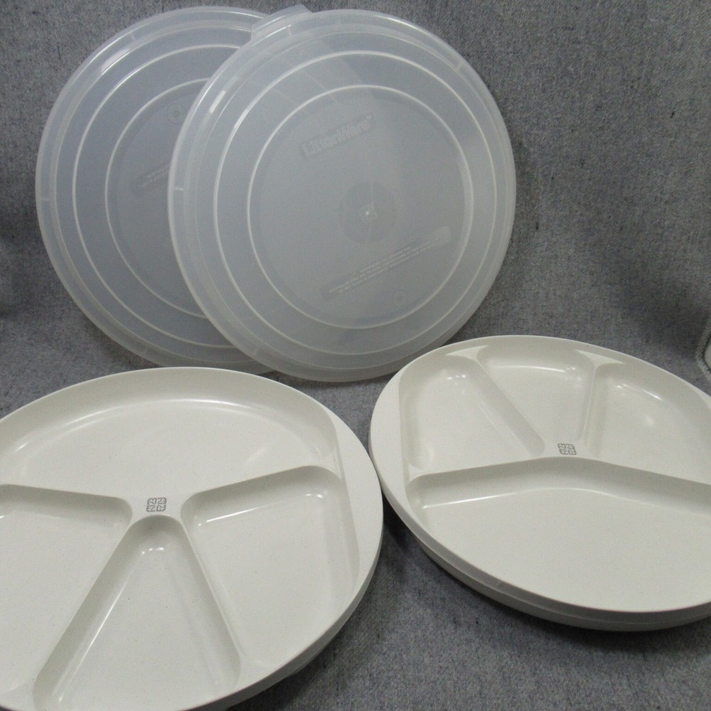 2 LittonWare Microwave Plastic Divided Plates Lids 4 Compartments White 44096