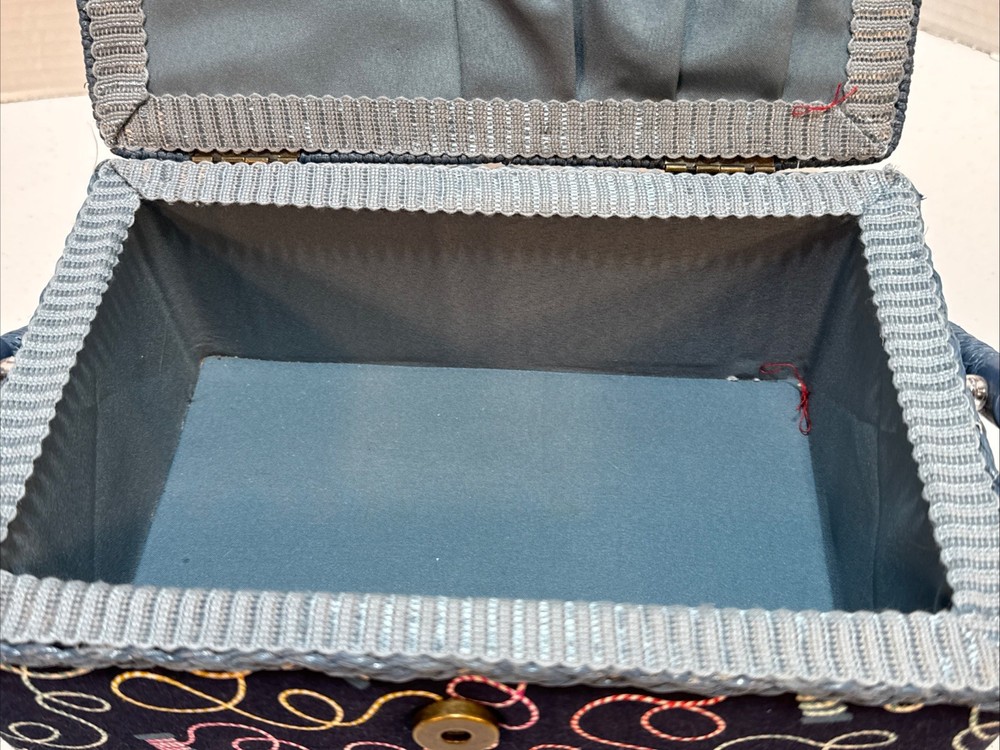 Sewing Basket Box Blue Fabric Plastic Woven Handle