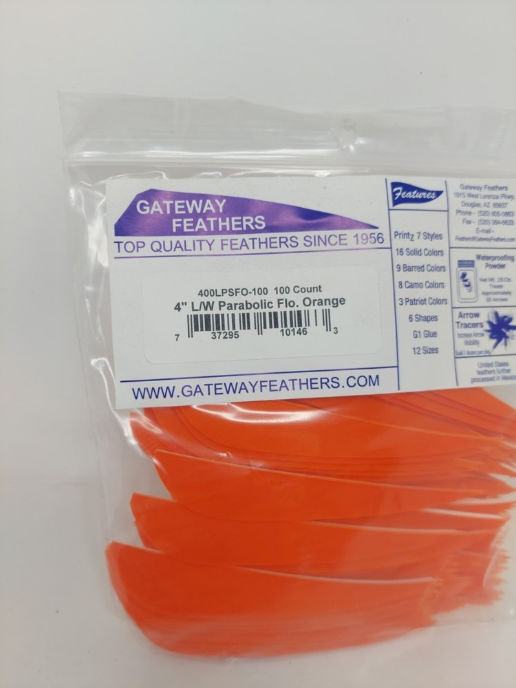 100 Pack Gateway Feathers 4" Left Wing: Parabolic Flo Fluorescent Orange