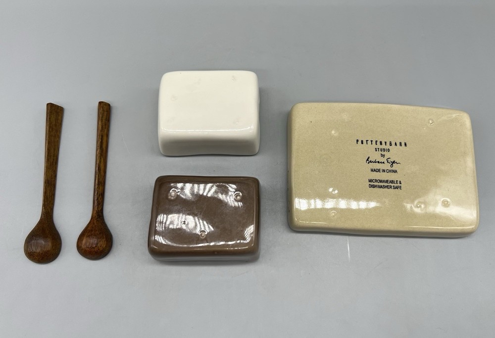 Pottery Barn Studio Barbara Eigen Ceramic Salt & Pepper Cellars Wood Spoons