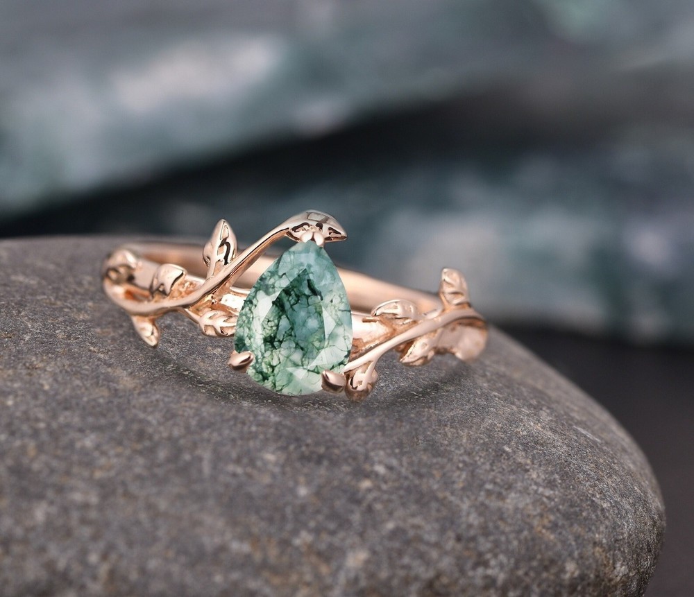 Moss Agate Engagement Ring, 925 Sterling Silver, Silver Leaf Ring, Wedding Ring