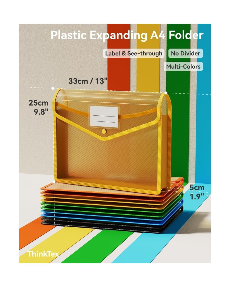 ThinkTex Plastic Expanding File Folder, Transparent Envelopes with Snap Closu...