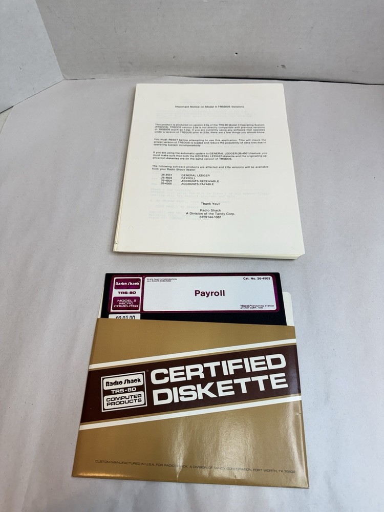Radio Shack TRS-80 Payroll Program Diskette Certified w/ Documentation #20