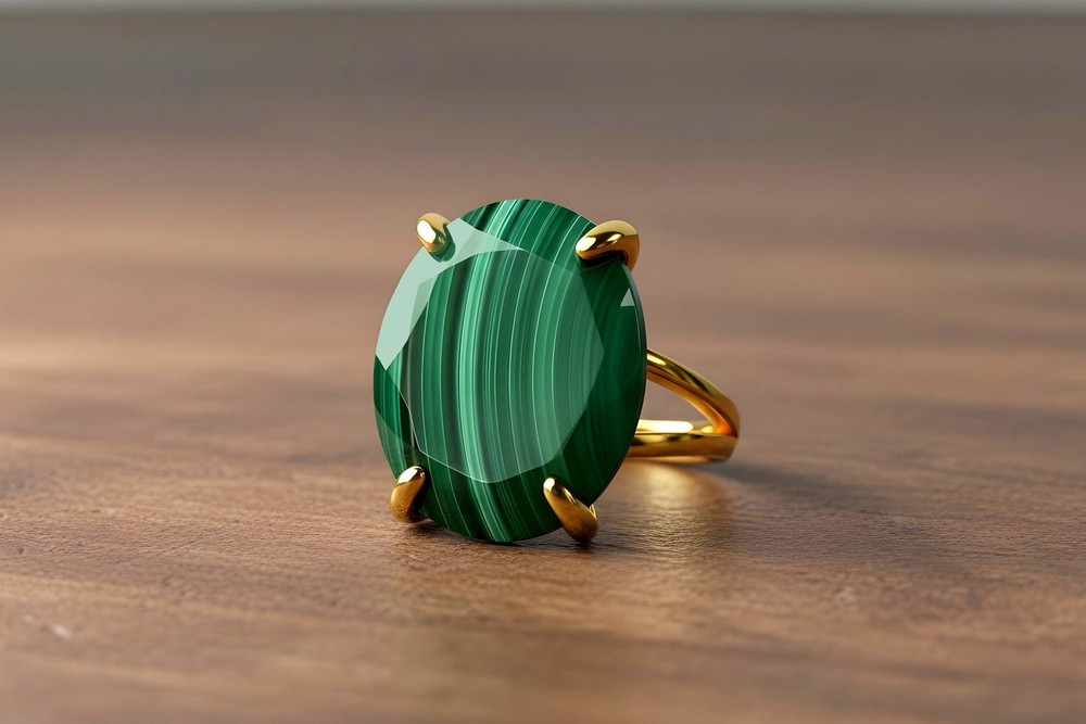 Malachite Gemstone Ring Anemone Sterling Silver Oval Large Stone Engraved