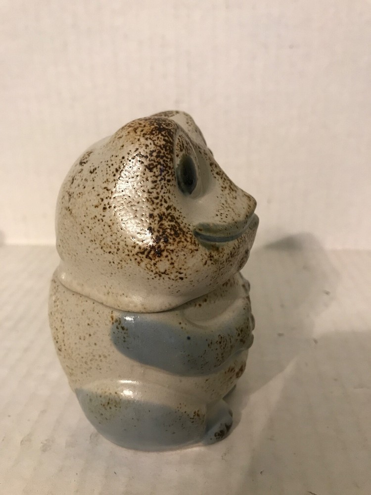 TAN AND BROWN GLAZED POTTERY FROG SHAPED JAR