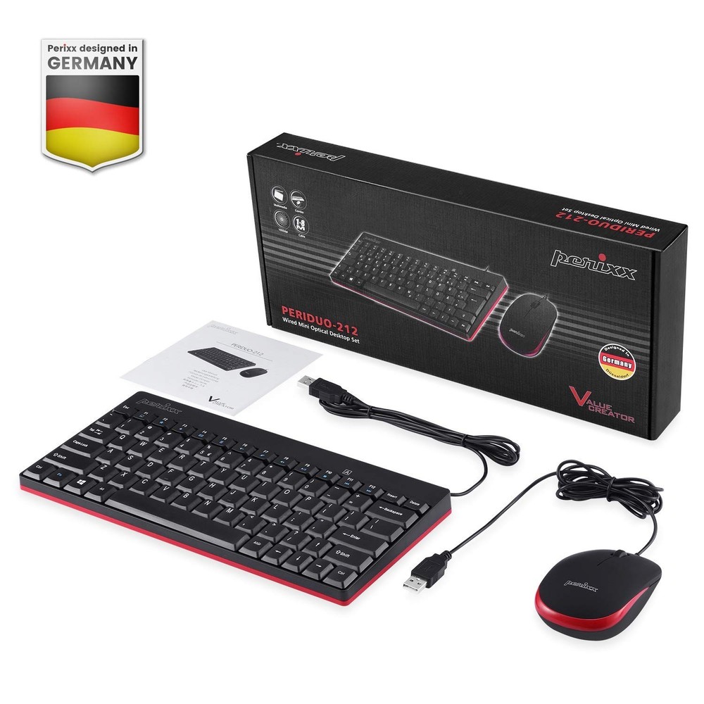 Perixx PERIDUO-212 Wired Mini Keyboard and Mouse Set, USB Connection, Black, ...