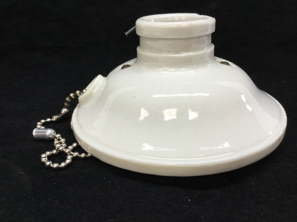 Antique Porcelain Flush Mount Pull Chain Fixture Rubberized Bulb Cage Guard