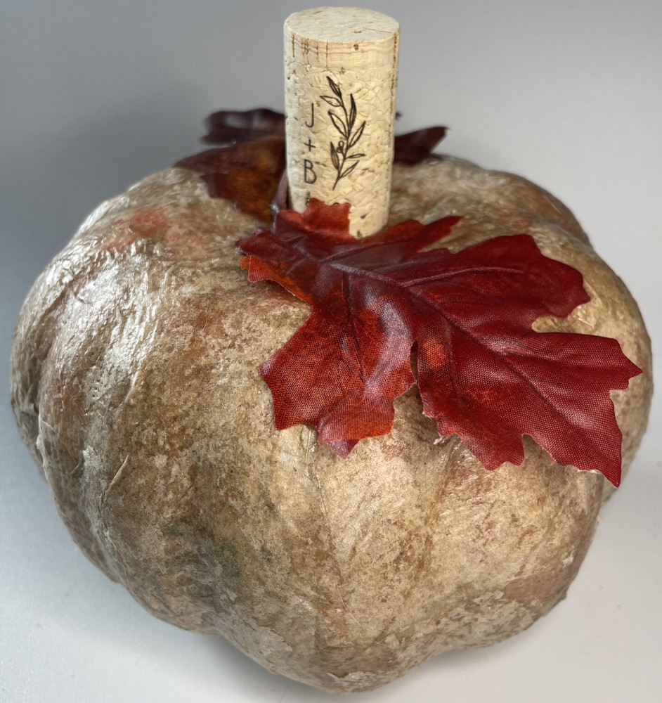 Faux Pumpkin Custom Decoupaged Finish Applied Cork Stem Fall Decor
