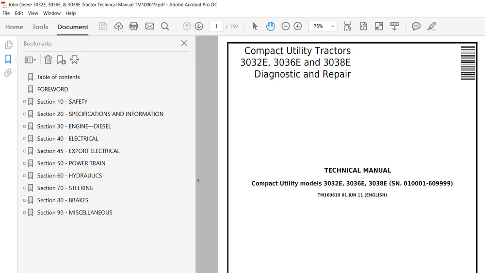 John Deere 3032E 3036E 3038E Compact Utility Tractor Technical & OP Manual USB