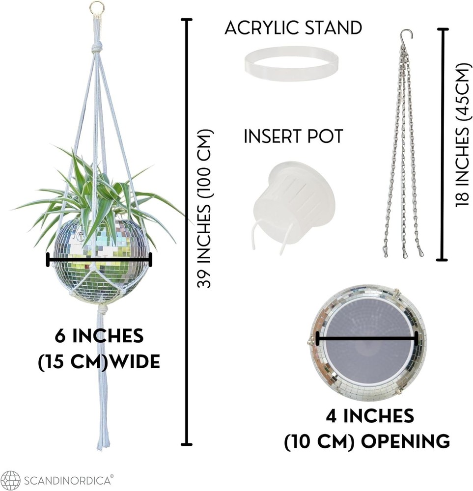 Disco Ball Planter with Macrame Hanger & Self-Watering Insert