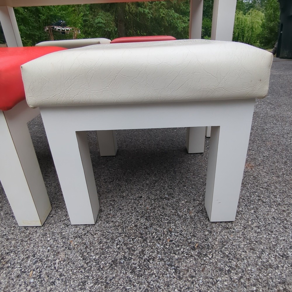 Vintage 80s Postmodern Laminate Parsons Table with 4 Upholstered Stools