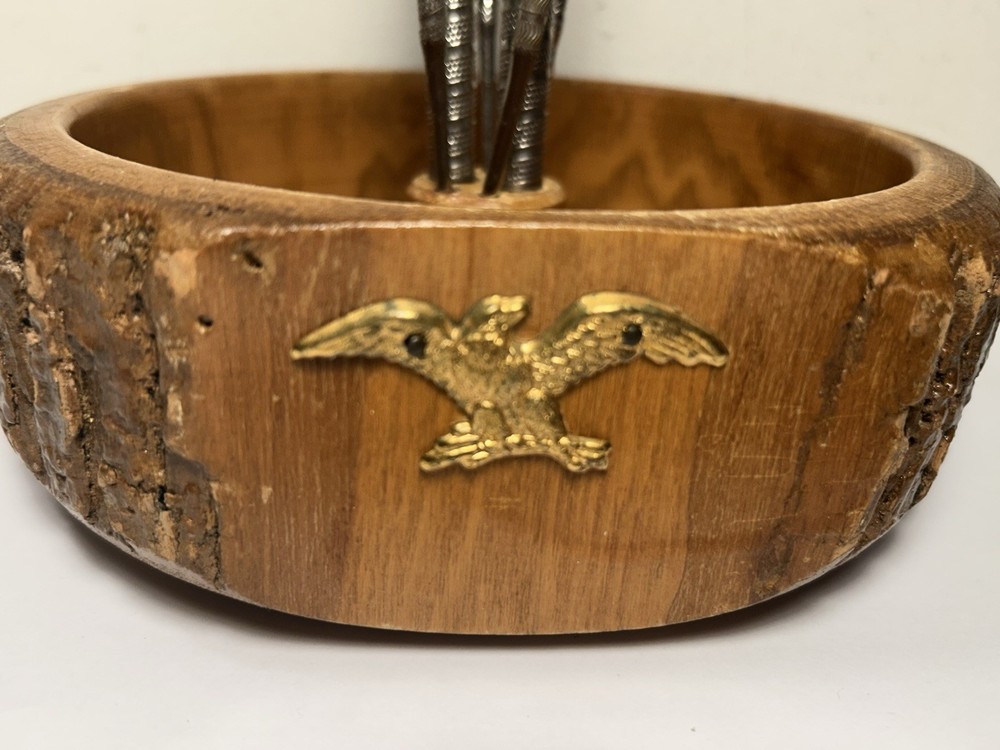 Vintage Nut Bowl With Live Edge Includes Nut Cracker & 2 Picks Eagle Accent