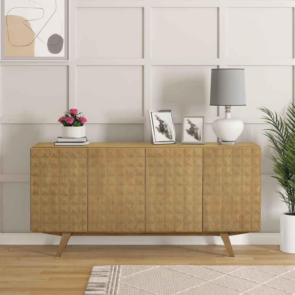Mid-Century Modern Solid Wood Sideboard Buffet Cabinet with Geometric Fronts