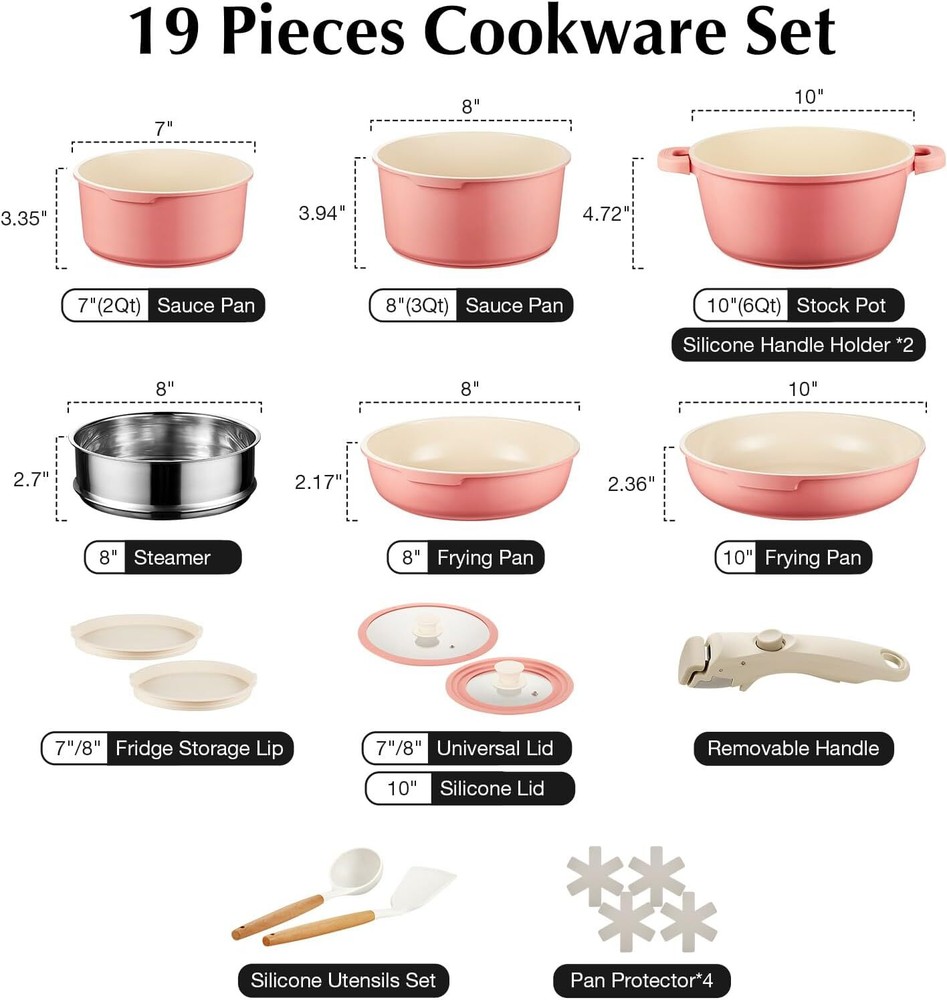 Pink Nonstick Ceramic Cookware Set, 19 Piece Nonstick Cookware Set