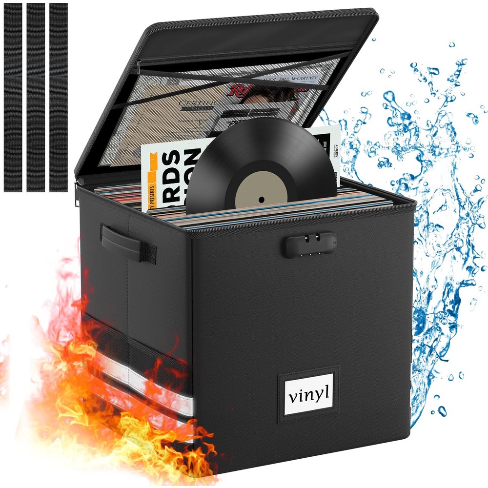 Vinyl Record Storage Box with Lock, Fireproof Waterproof Resistant Organizer ...