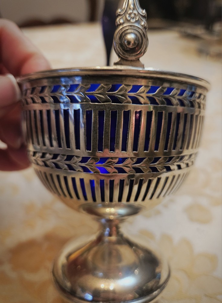 Pierced Silver Sugar Basket With Blue Bowl With Handle 6" Tall