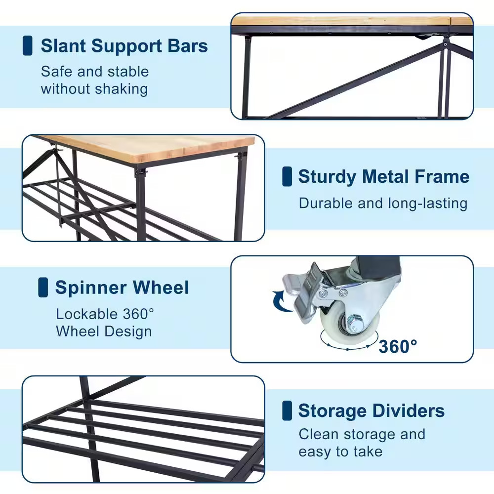 68 In. W X 21 In. D Adjustable Solid Wood Top Workbench Foldable Hardwood Workbe