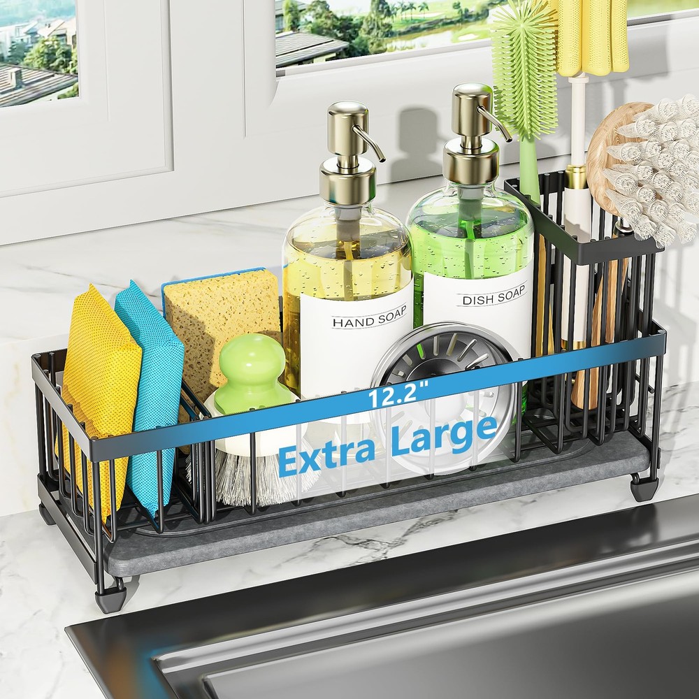 Cisily Extra Large Sink Caddy Organizer with Drying Stone, Black Large,