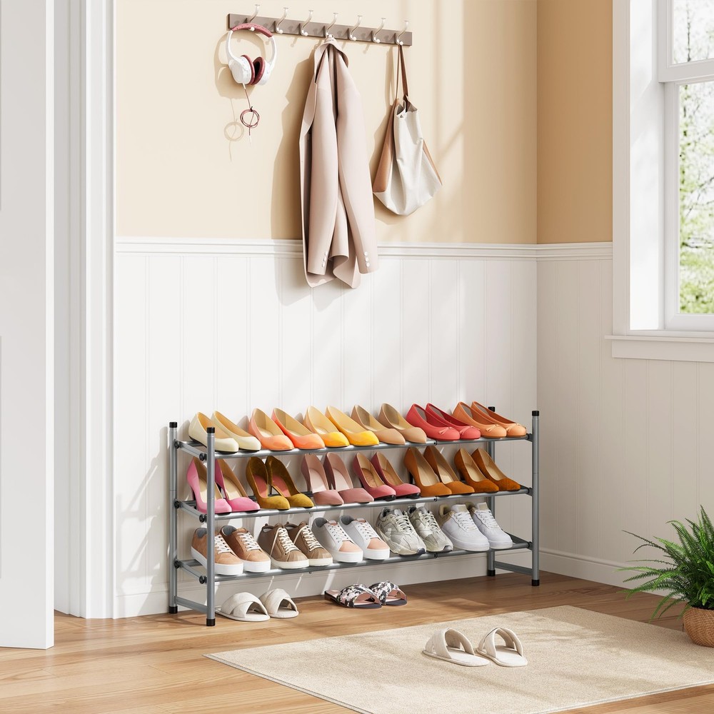 Adjustable 3Tier Expandable Stackable Shoe Rack 2841in Metal Gray